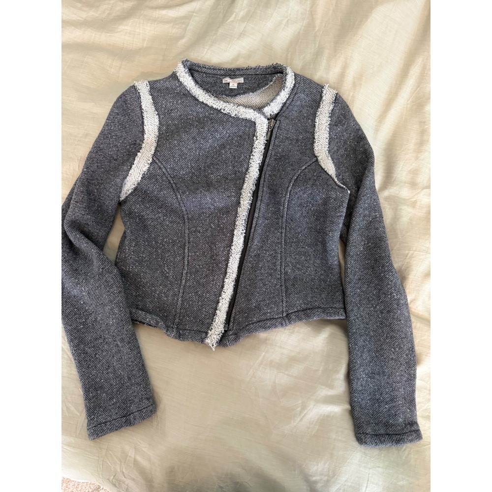 Gap Gray Tweed Terry Moto Jacket with Fringed Trim and Asymmetrical Zip Size M